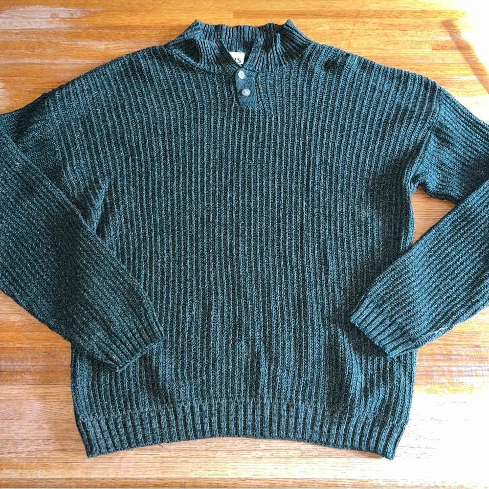 Falls Creek Men Medium Forest Green Mock Turtleneck 2 Button Corded Knit Sweater